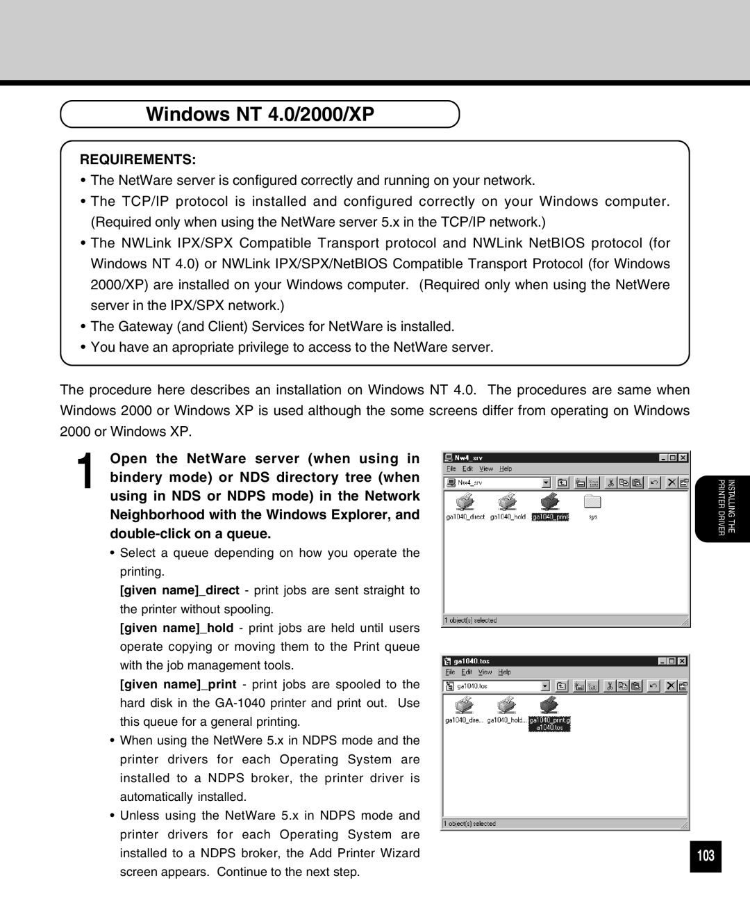 Toshiba GA-1040 manual Windows NT 4.0/2000/XP, 103 