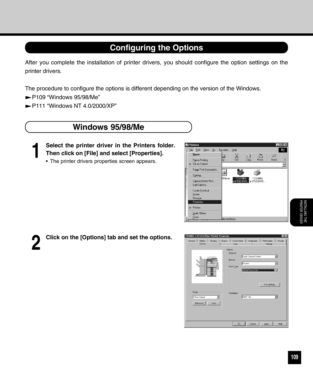 Toshiba GA-1040 manual Configuring the Options, 109, Click on the Options tab and set the options 