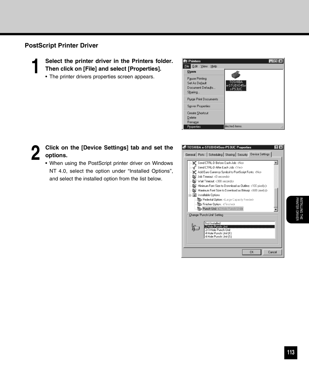 Toshiba GA-1040 manual PostScript Printer Driver, 113, Click on the Device Settings tab and set the options 