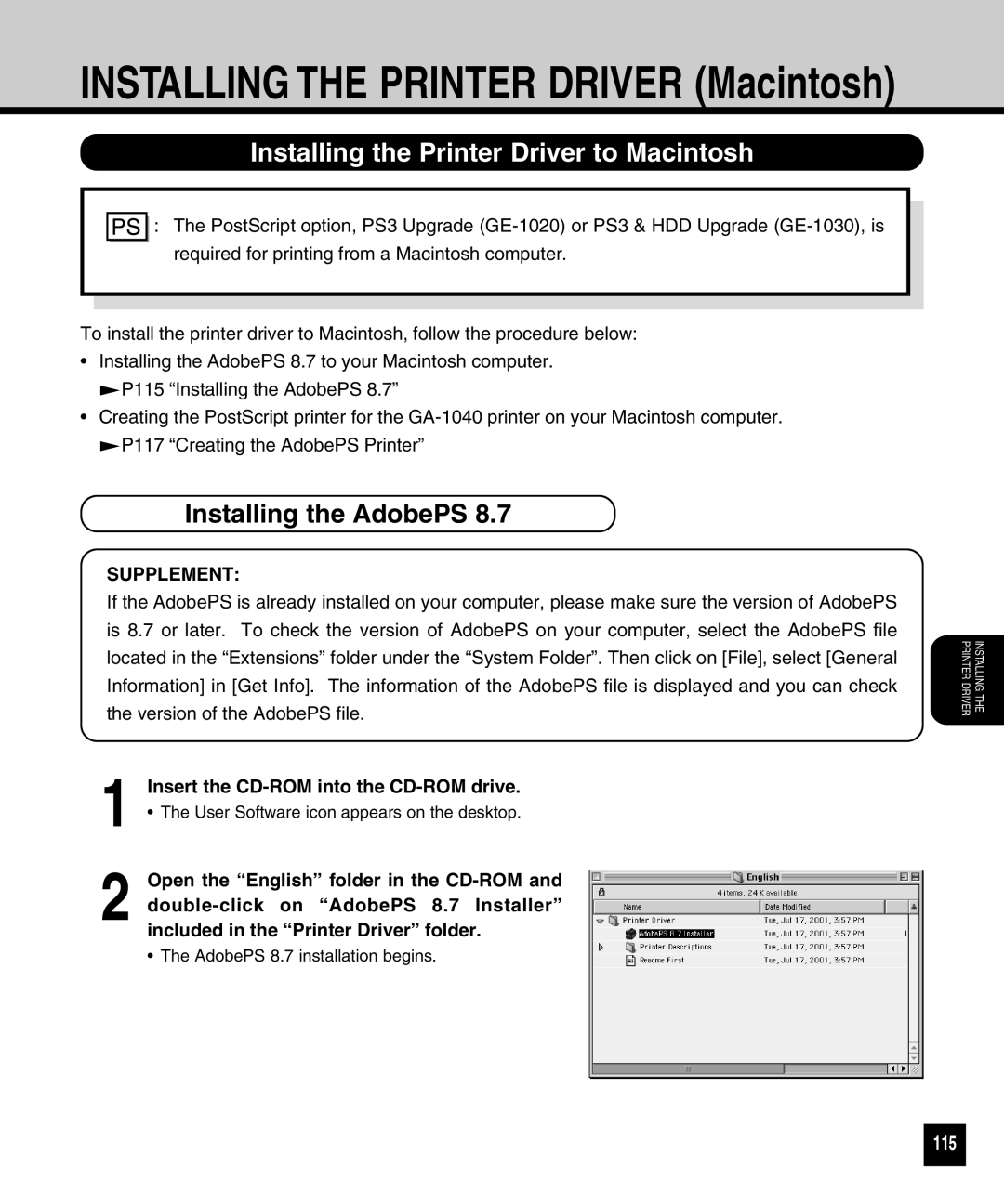 Toshiba GA-1040 manual Installing the Printer Driver to Macintosh, Installing the AdobePS, 115 