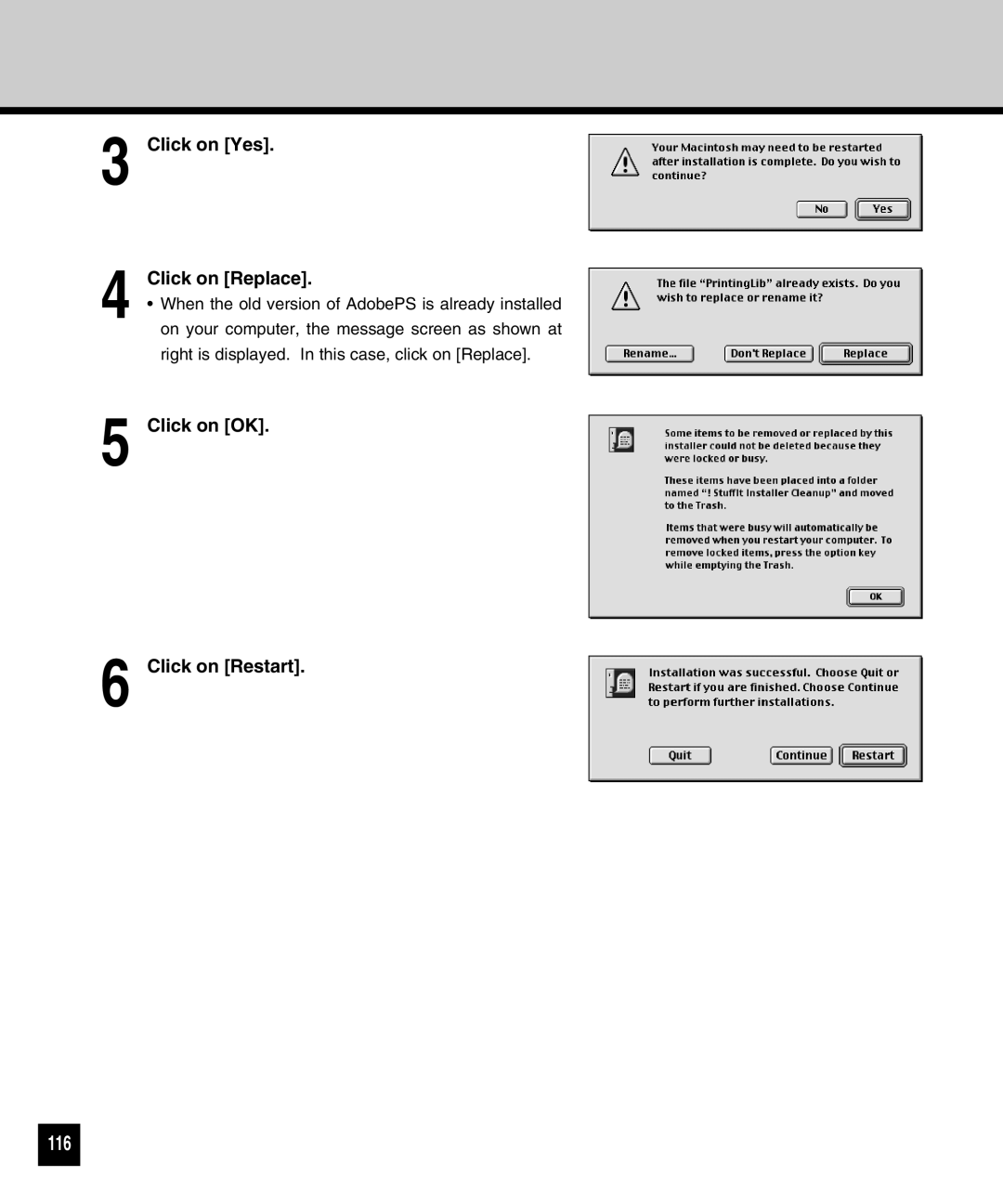 Toshiba GA-1040 manual 116, Click on Yes Click on Replace, Click on OK Click on Restart 