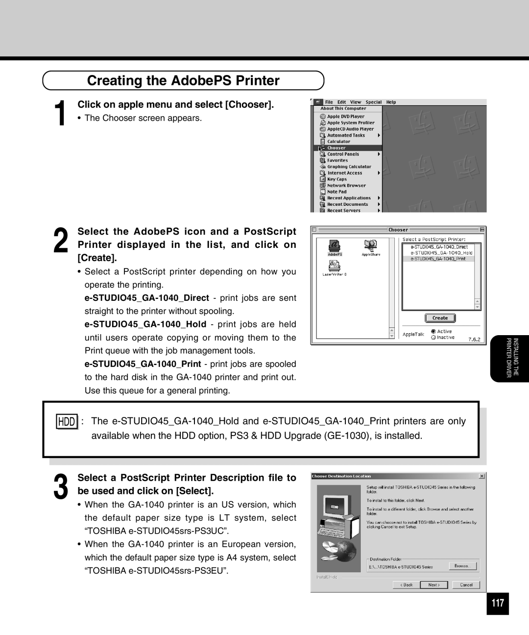 Toshiba GA-1040 manual 117, Click on apple menu and select Chooser 