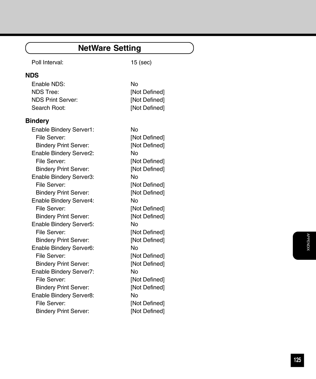 Toshiba GA-1040 manual NetWare Setting, Bindery, 125 