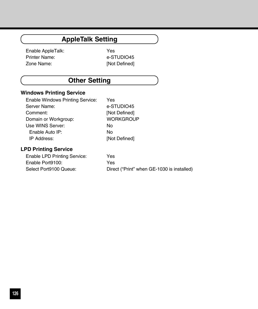 Toshiba GA-1040 manual AppleTalk Setting, Other Setting, Windows Printing Service, LPD Printing Service, 126 