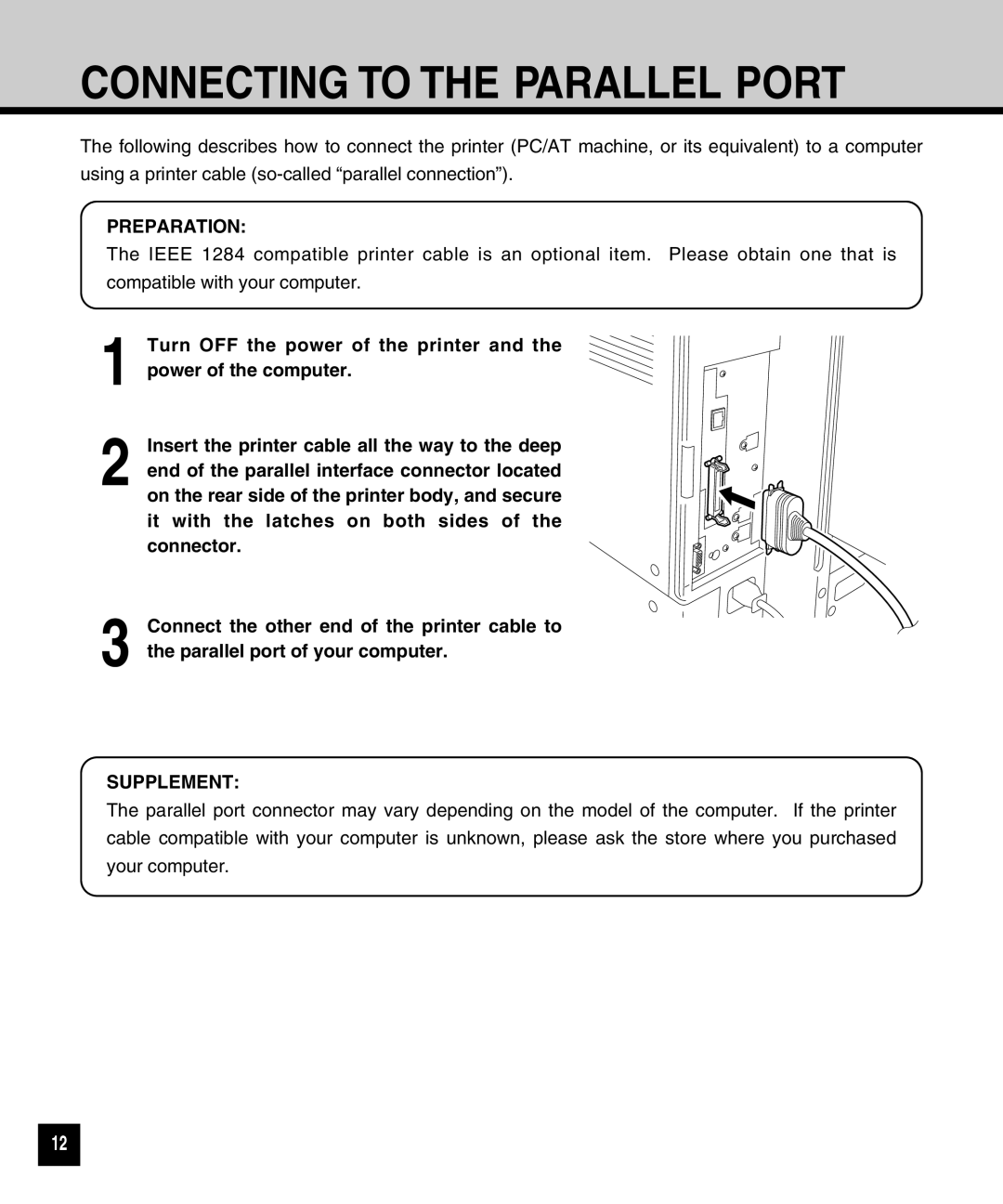 Toshiba GA-1040 manual Connecting to the Parallel Port, Preparation 