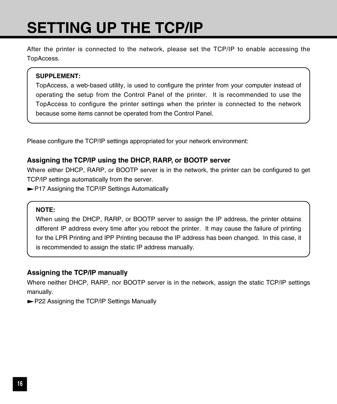 Toshiba GA-1040 manual Setting UP the TCP/IP, Assigning the TCP/IP using the DHCP, RARP, or Bootp server 