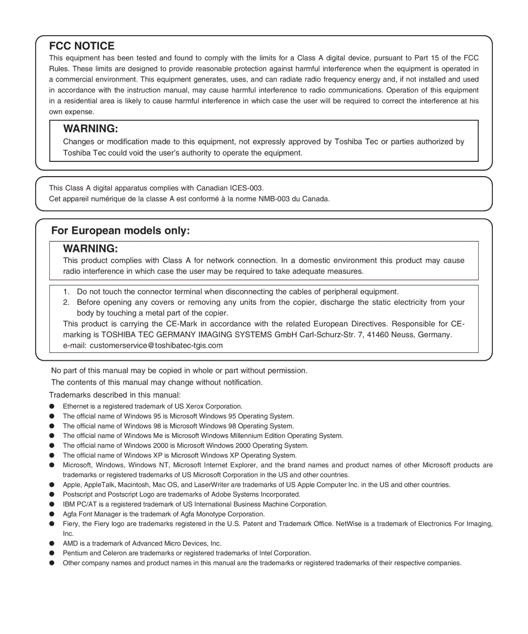 Toshiba GA-1040 manual FCC Notice, For European models only 