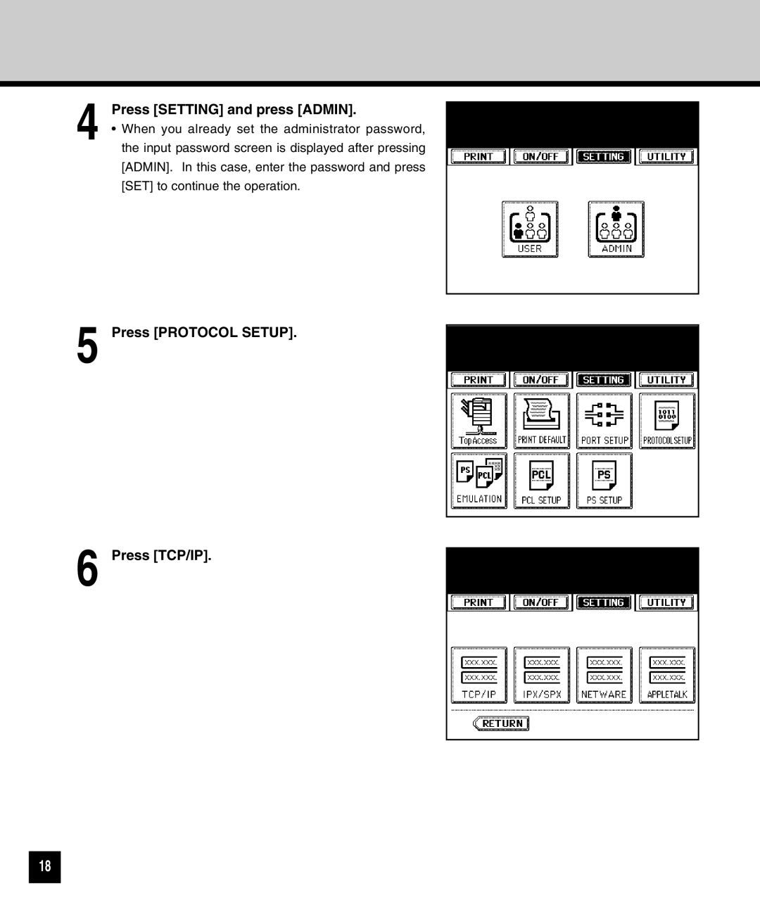 Toshiba GA-1040 manual Press Setting and press Admin, Press Protocol Setup Press TCP/IP 