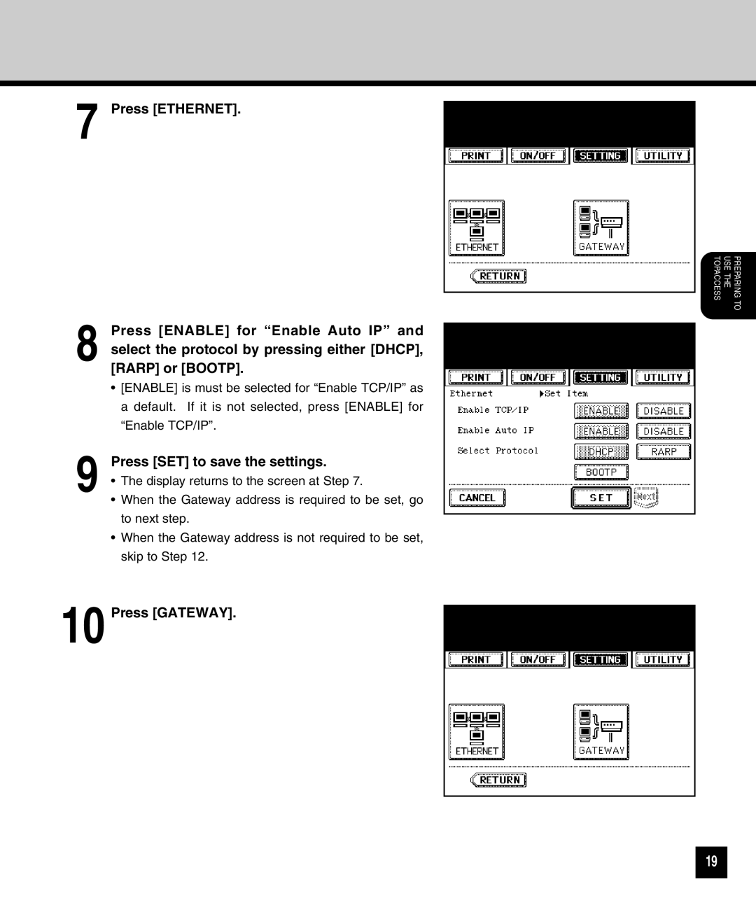 Toshiba GA-1040 manual Press SET to save the settings, Press Gateway 