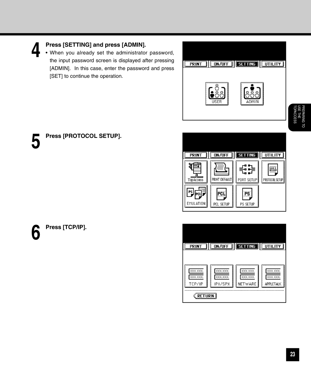 Toshiba GA-1040 manual Press Setting and press Admin 