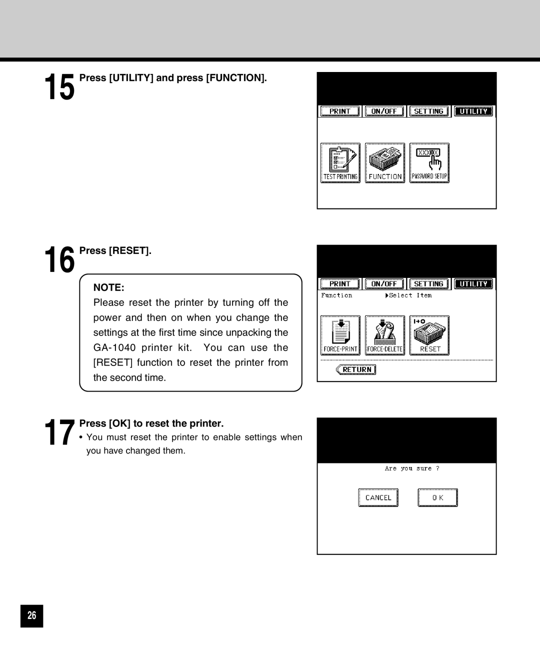 Toshiba GA-1040 manual Press Utility and press Function Press Reset 