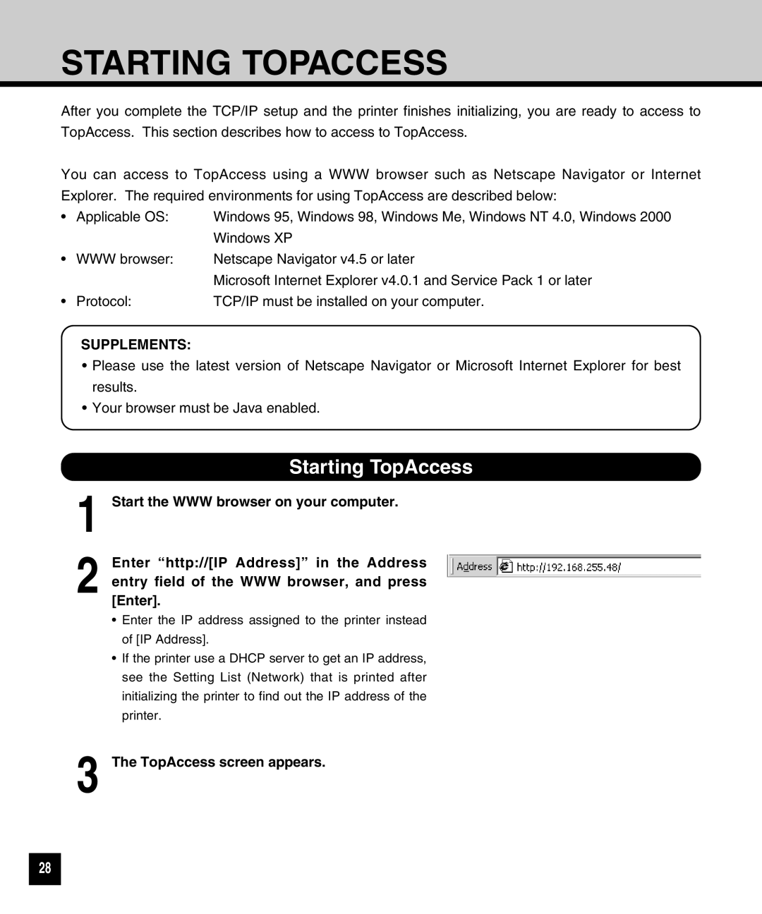 Toshiba GA-1040 manual Starting Topaccess, Starting TopAccess, TopAccess screen appears 