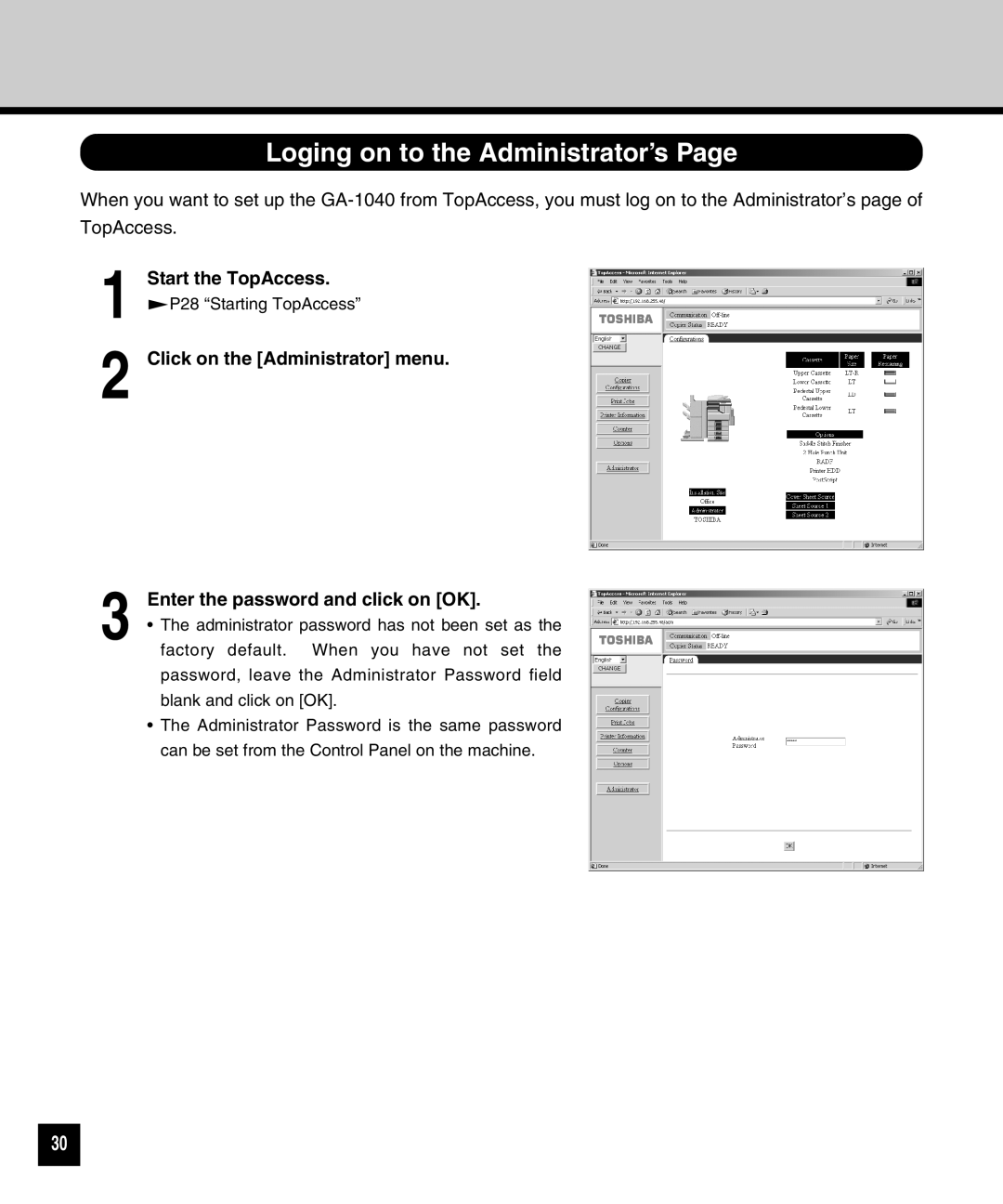Toshiba GA-1040 manual Loging on to the Administrator’s, Start the TopAccess 
