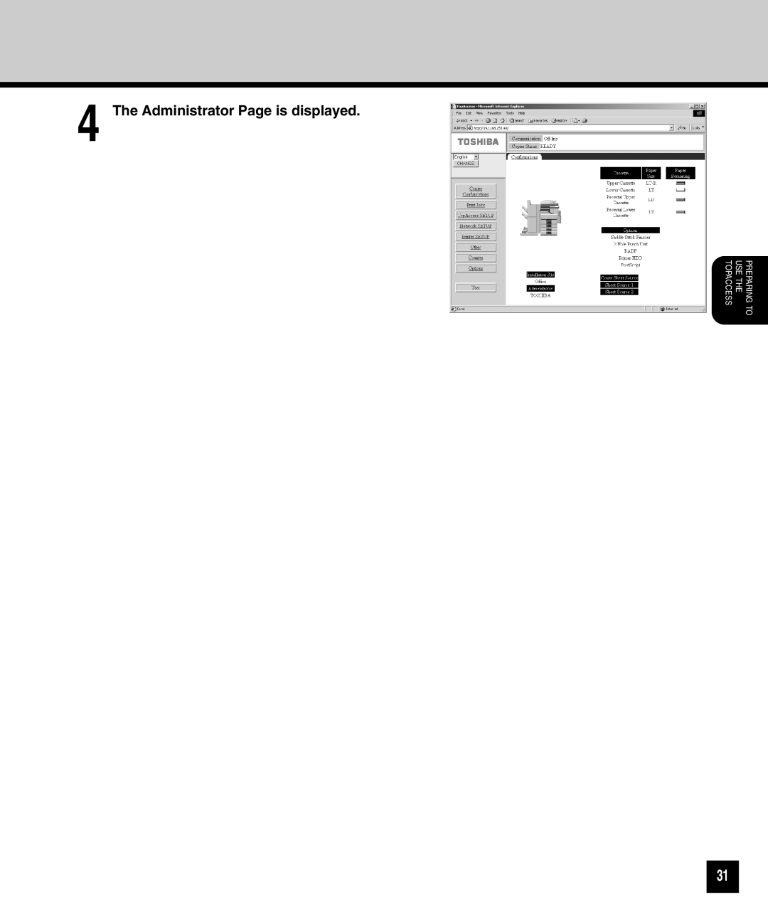 Toshiba GA-1040 manual Administrator Page is displayed 