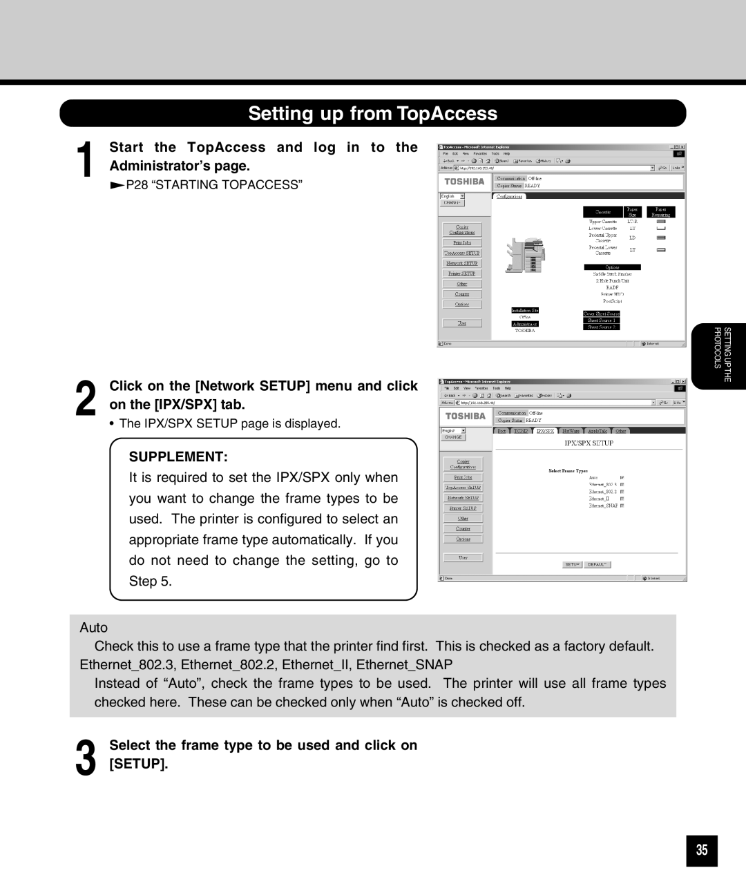 Toshiba GA-1040 manual Setting up from TopAccess, Start the TopAccess and log in to the Administrator’s 