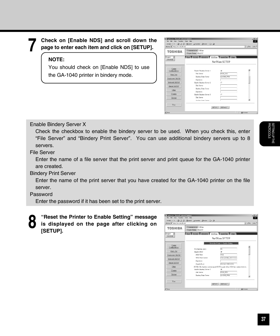 Toshiba GA-1040 manual Setting UP the Protocols 