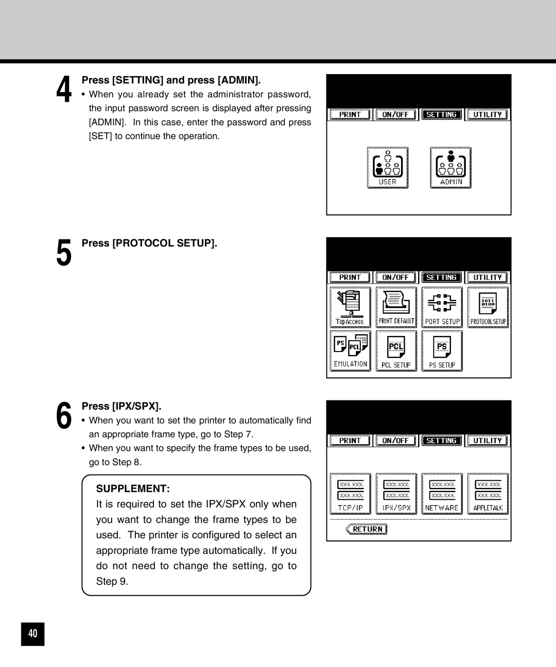 Toshiba GA-1040 manual Press Setting and press Admin, Press Protocol Setup Press IPX/SPX 