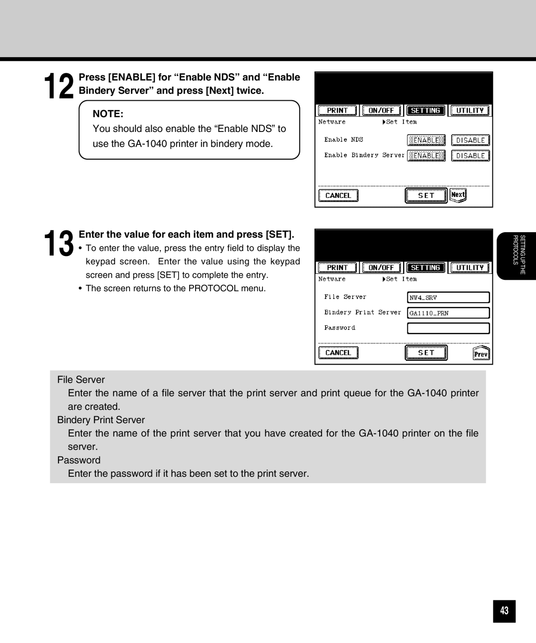 Toshiba GA-1040 manual Enter the value for each item and press SET 