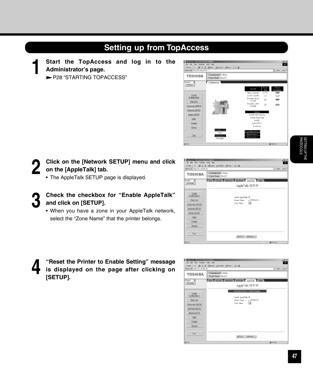 Toshiba GA-1040 manual Setting up from TopAccess, Check the checkbox for Enable AppleTalk and click on Setup 