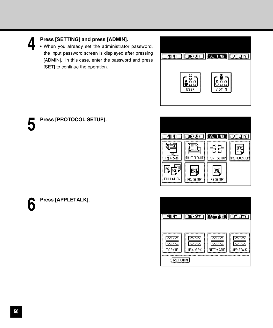 Toshiba GA-1040 manual Press Setting and press Admin, Press Protocol Setup Press Appletalk 