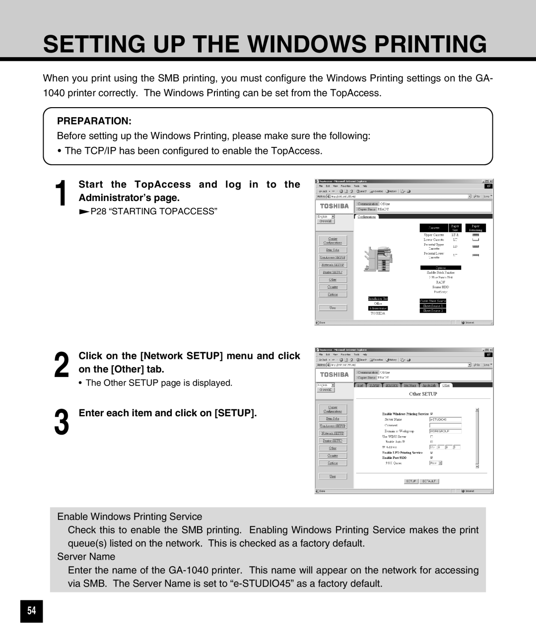 Toshiba GA-1040 manual Setting UP the Windows Printing, Click on the Network Setup menu and click on the Other tab 