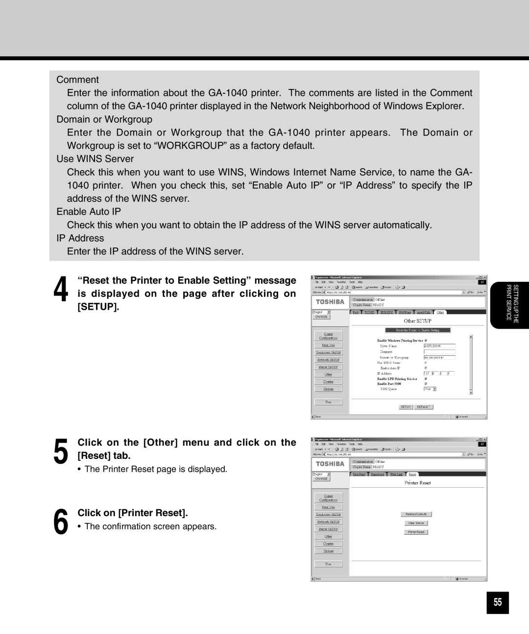 Toshiba GA-1040 manual Setting UP the Print Service 