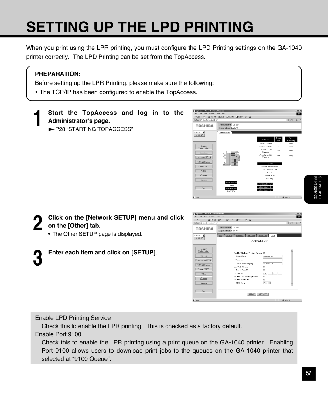 Toshiba GA-1040 manual Setting UP the LPD Printing, Start the TopAccess and log in to the Administrator’s 