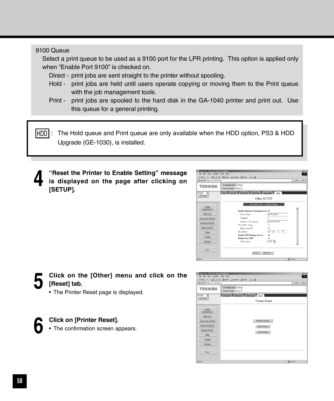 Toshiba GA-1040 manual Click on Printer Reset 