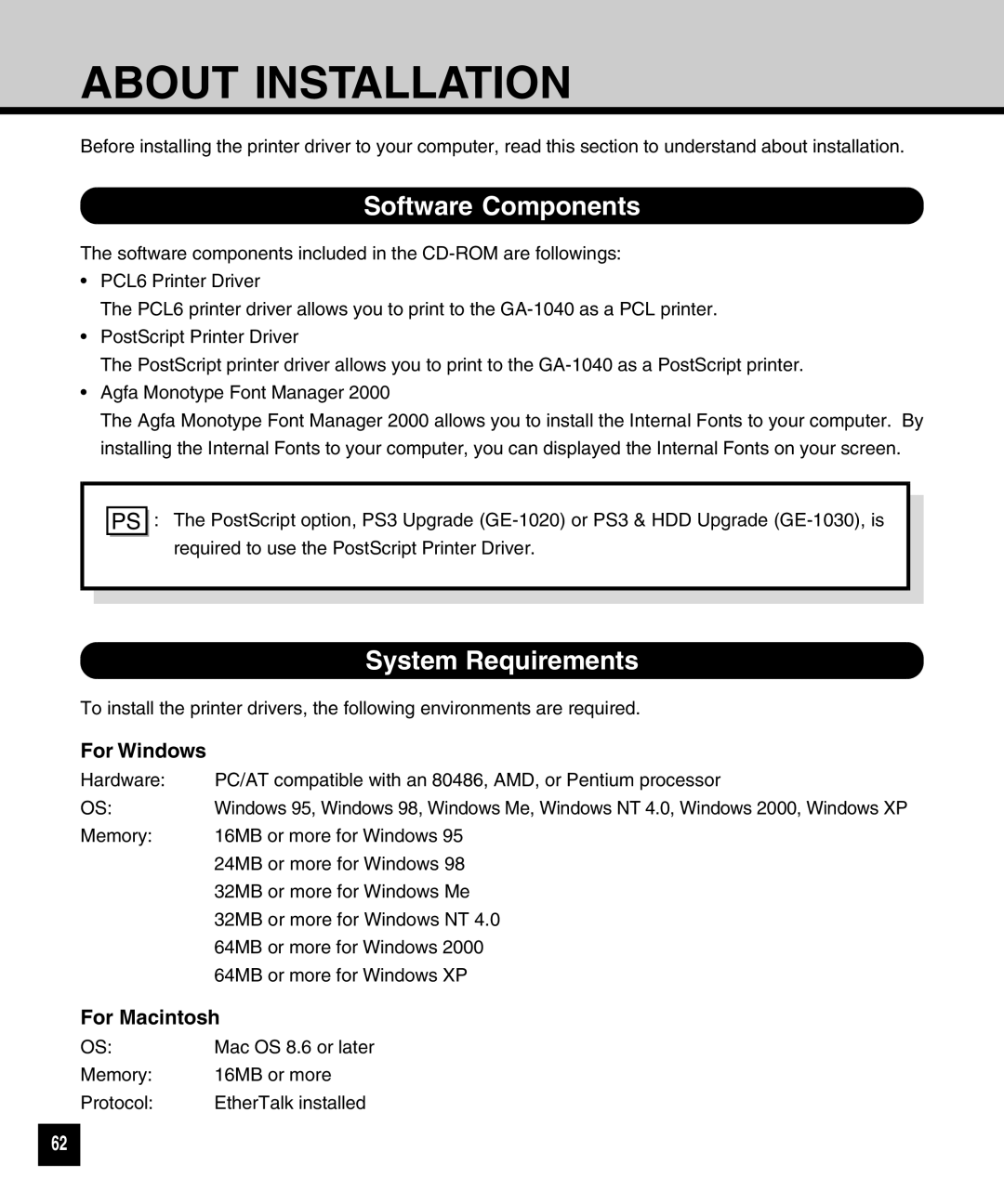 Toshiba GA-1040 manual About Installation, Software Components, System Requirements, For Windows, For Macintosh 