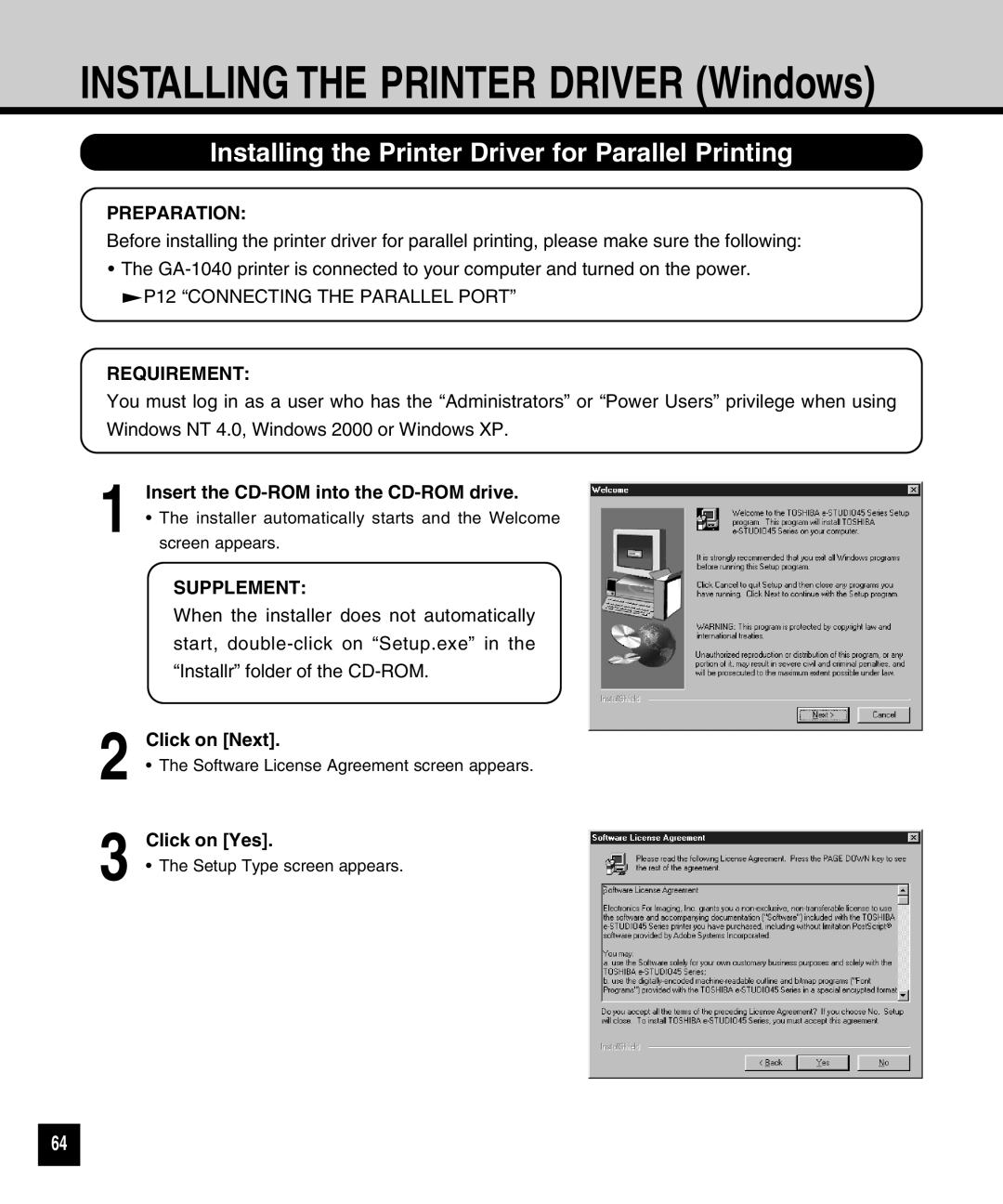 Toshiba GA-1040 Installing the Printer Driver for Parallel Printing, Insert the CD-ROM into the CD-ROM drive, Click on Yes 