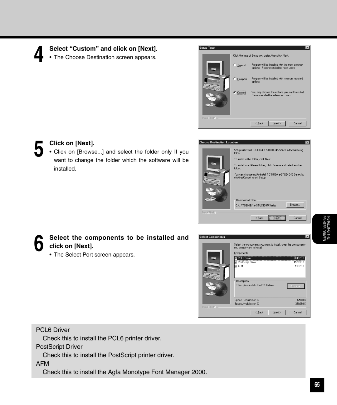 Toshiba GA-1040 manual Select the components to be installed and click on Next, Afm 