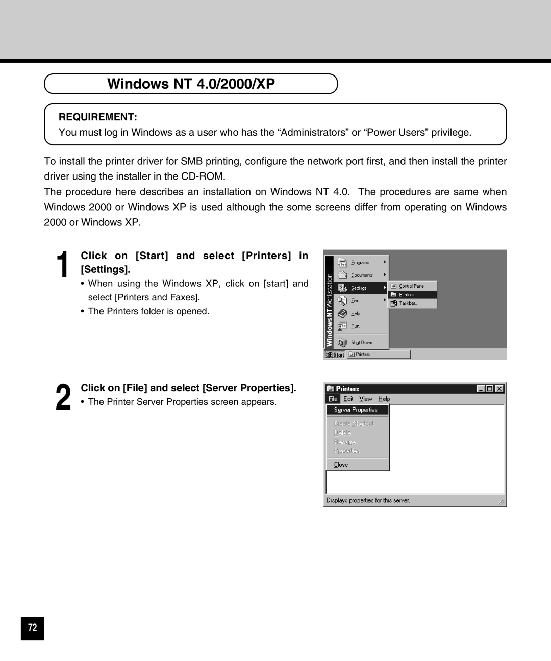 Toshiba GA-1040 manual Windows NT 4.0/2000/XP, Click on Start and select Printers in Settings 