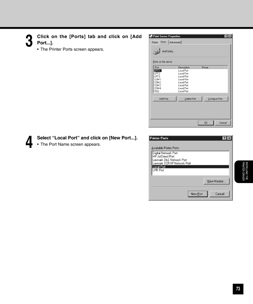 Toshiba GA-1040 manual Click on the Ports tab and click on Add, Select Local Port and click on New Port 