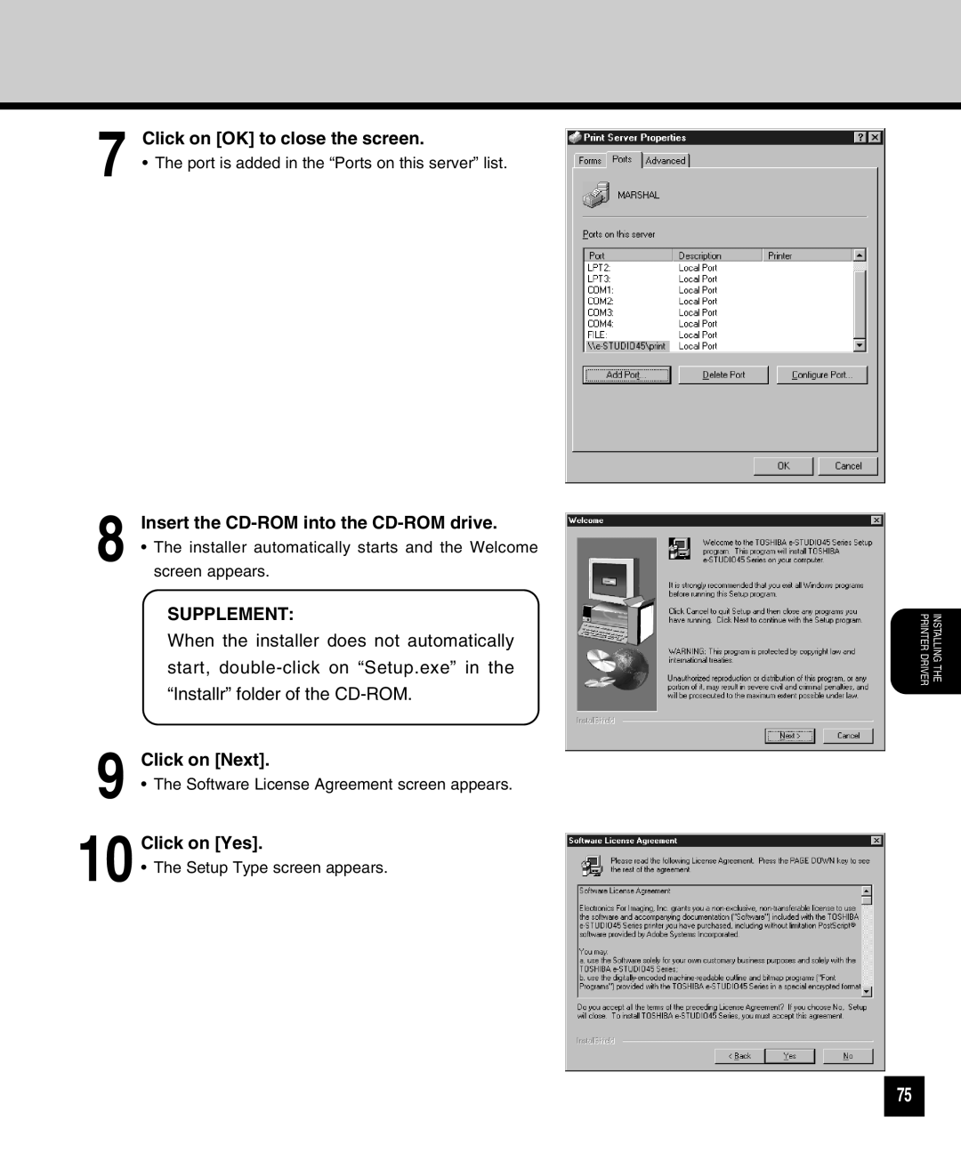 Toshiba GA-1040 manual Click on OK to close the screen, Insert the CD-ROM into the CD-ROM drive 