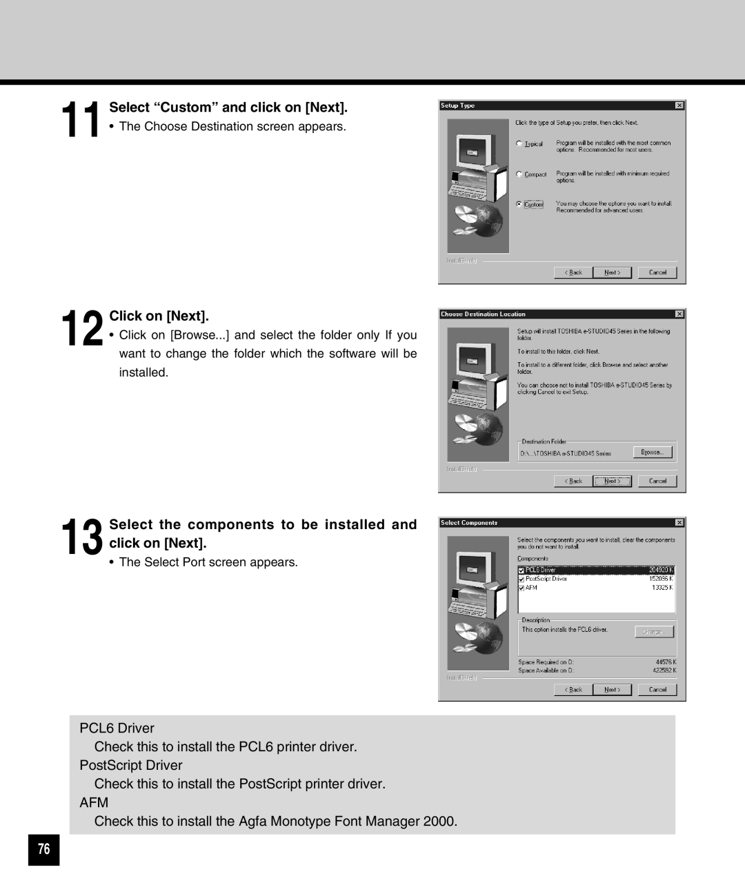 Toshiba GA-1040 manual Select the components to be installed and click on Next 