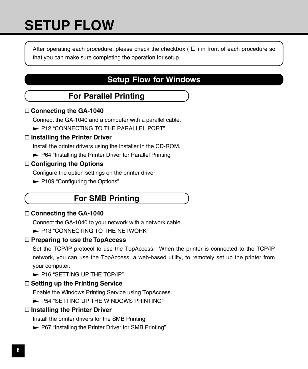 Toshiba GA-1040 manual Setup Flow for Windows, For Parallel Printing, For SMB Printing 