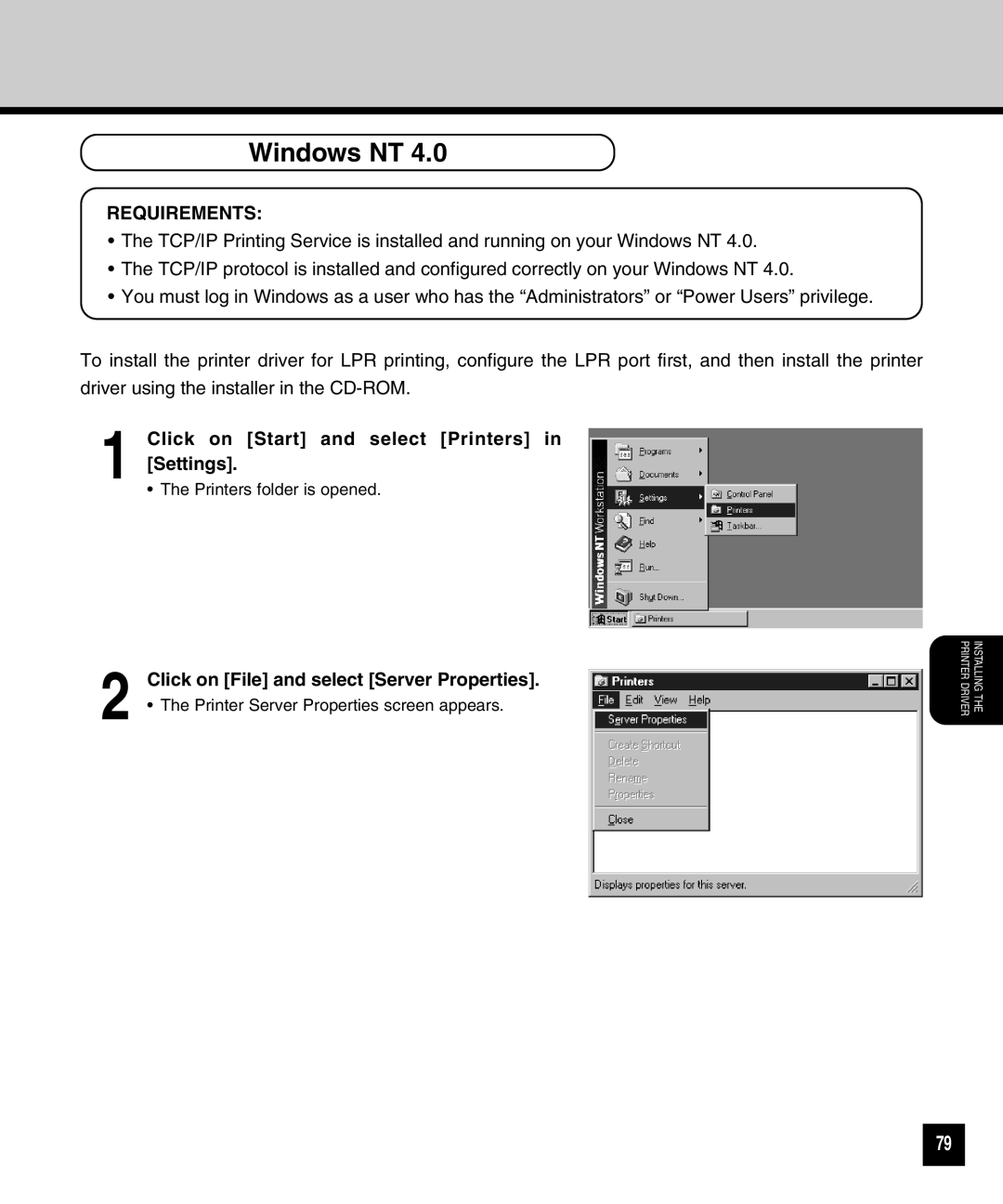 Toshiba GA-1040 manual Windows NT, Requirements 