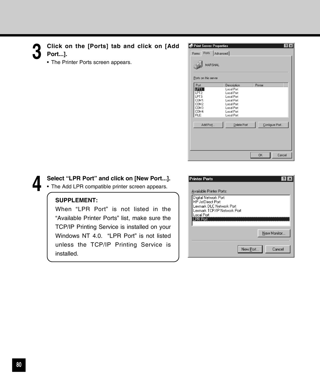 Toshiba GA-1040 manual Click on the Ports tab and click on Add Port, Select LPR Port and click on New Port 