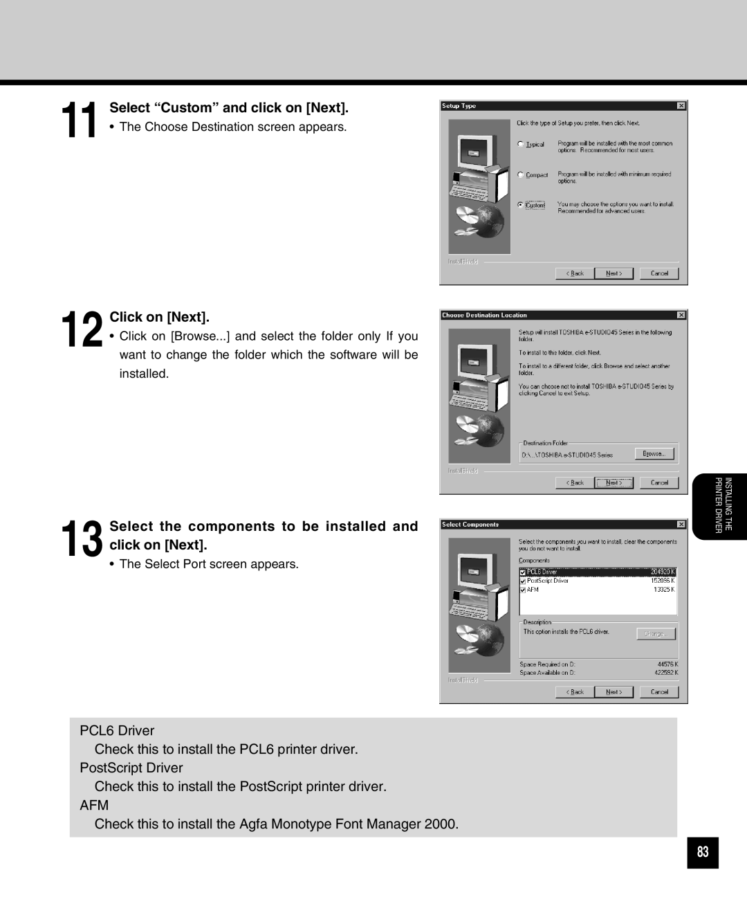 Toshiba GA-1040 manual Select Custom and click on Next, Select the components to be installed and click on Next 