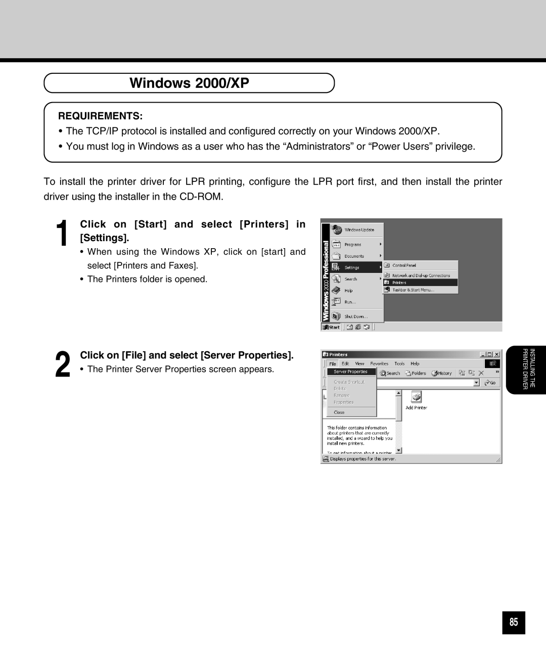 Toshiba GA-1040 manual Windows 2000/XP, Click on Start and select Printers in Settings 