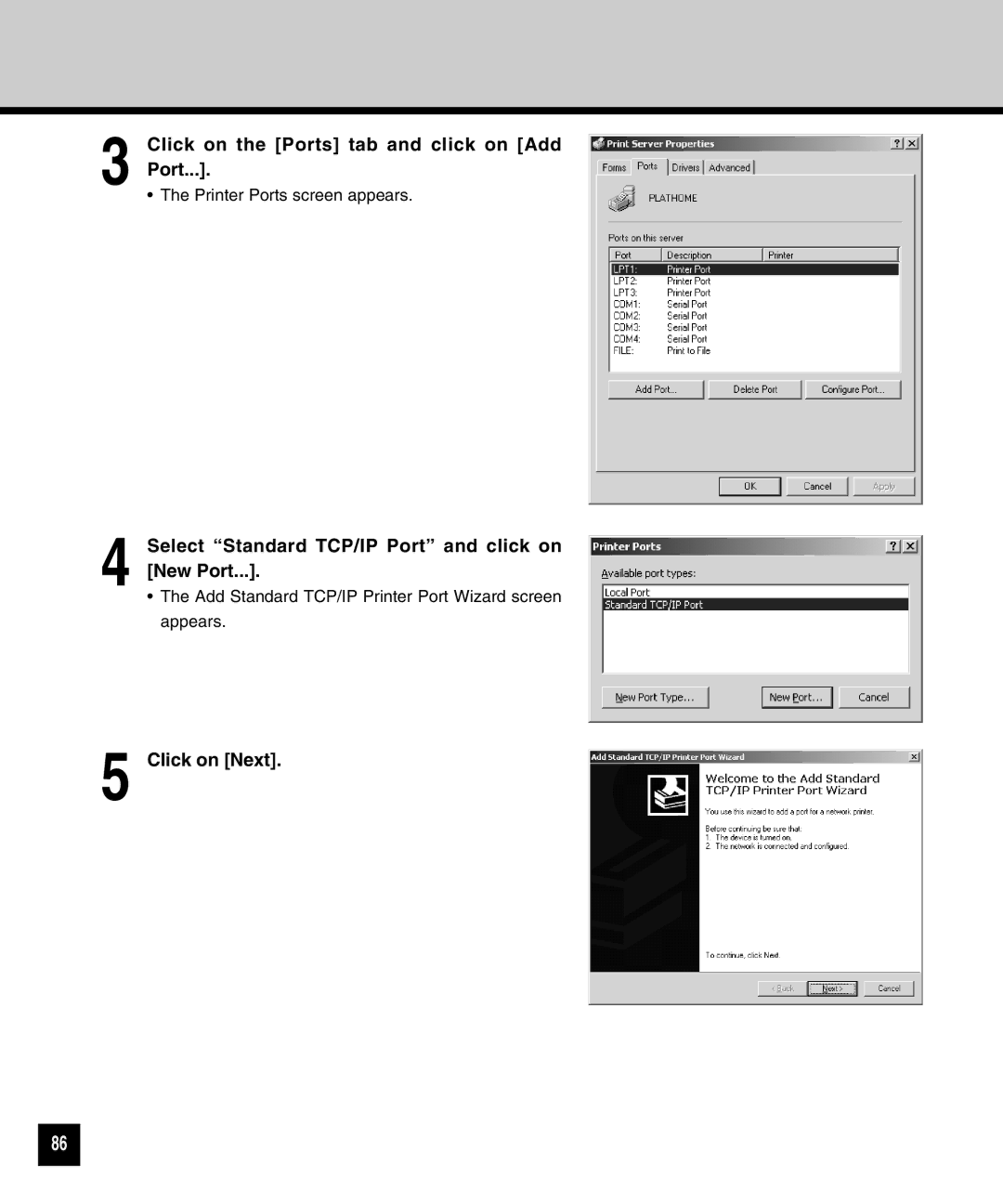 Toshiba GA-1040 manual Click on the Ports tab and click on Add Port, Select Standard TCP/IP Port and click on New Port 