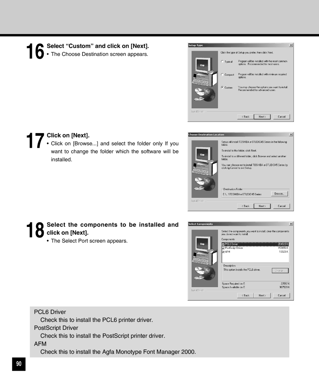 Toshiba GA-1040 manual Select the components to be installed and click on Next 