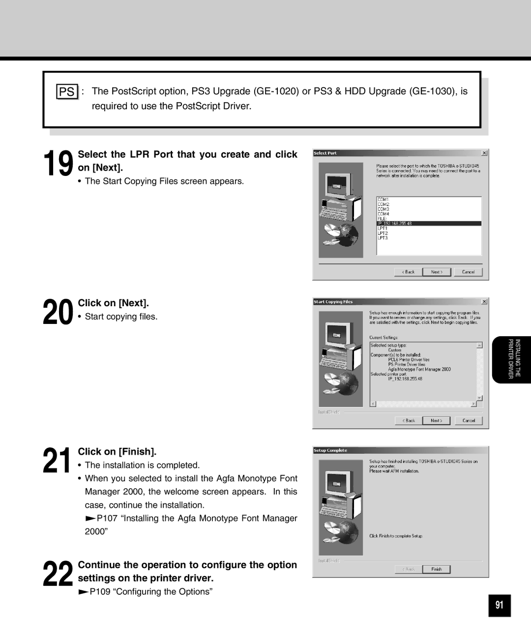 Toshiba GA-1040 manual Select the LPR Port that you create and click on Next, Click on Finish 