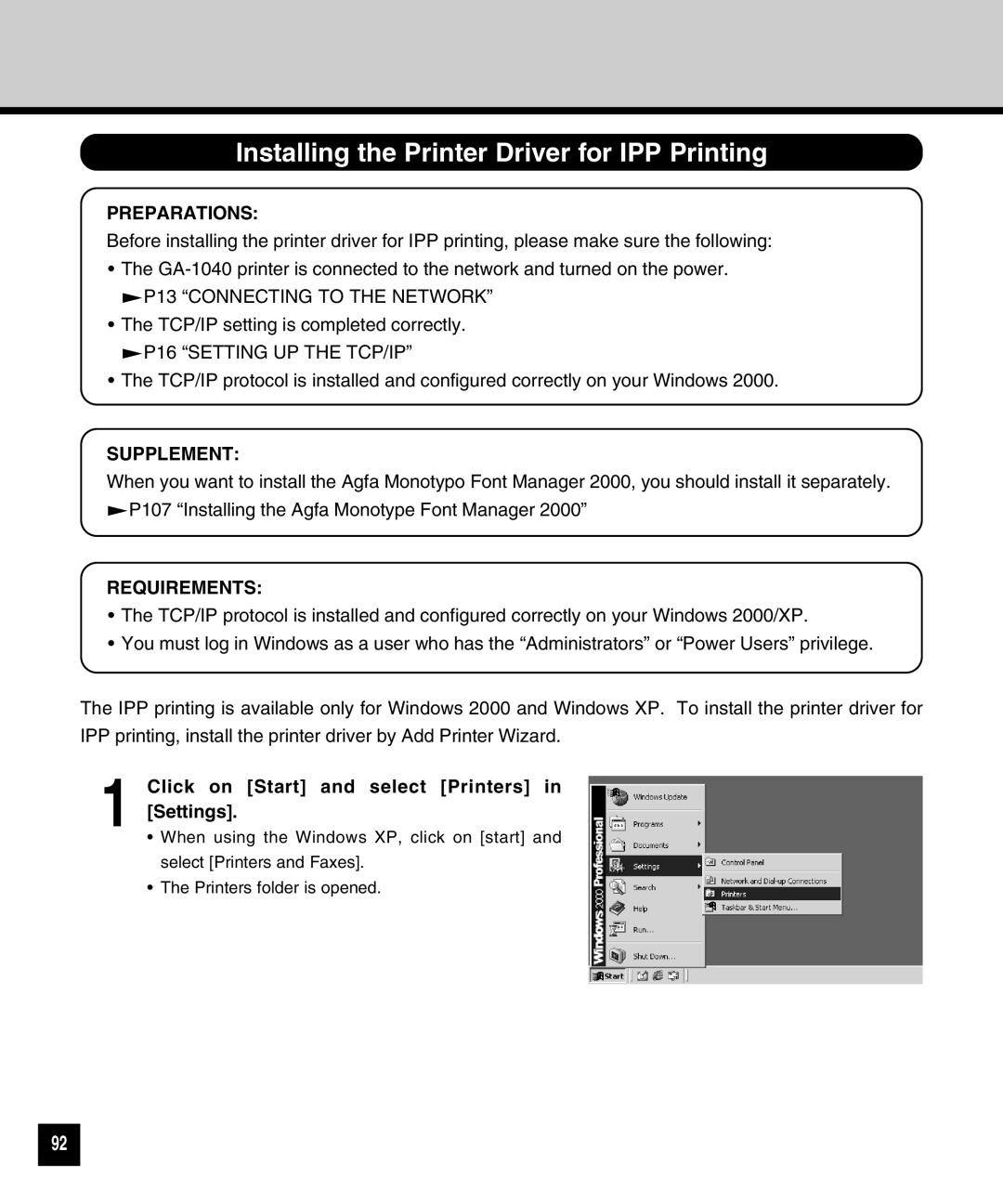 Toshiba GA-1040 manual Installing the Printer Driver for IPP Printing, Click on Start and select Printers in Settings 