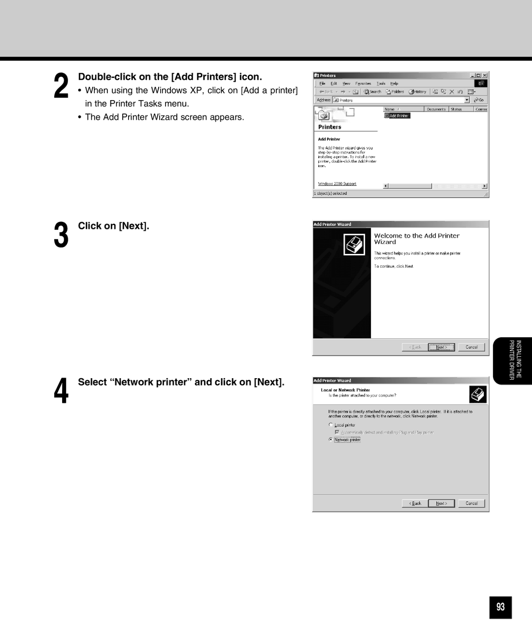 Toshiba GA-1040 manual Double-click on the Add Printers icon, Click on Next Select Network printer and click on Next 