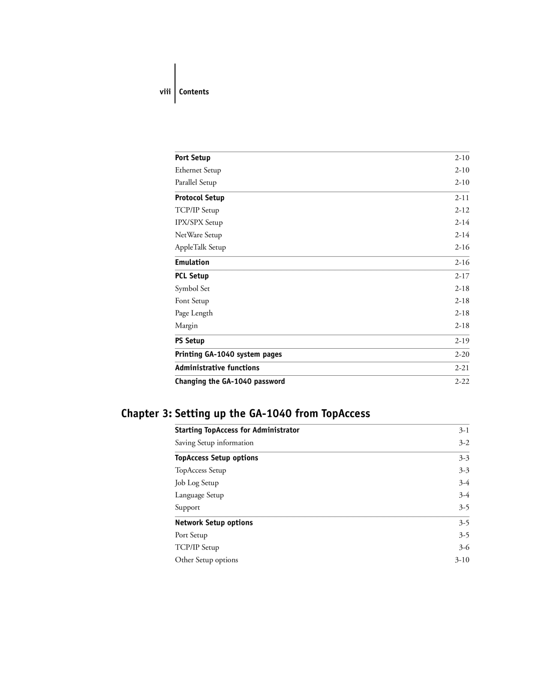 Toshiba GA-1040 manual Viii Contents Port Setup, Protocol Setup, Emulation PCL Setup, Starting TopAccess for Administrator 