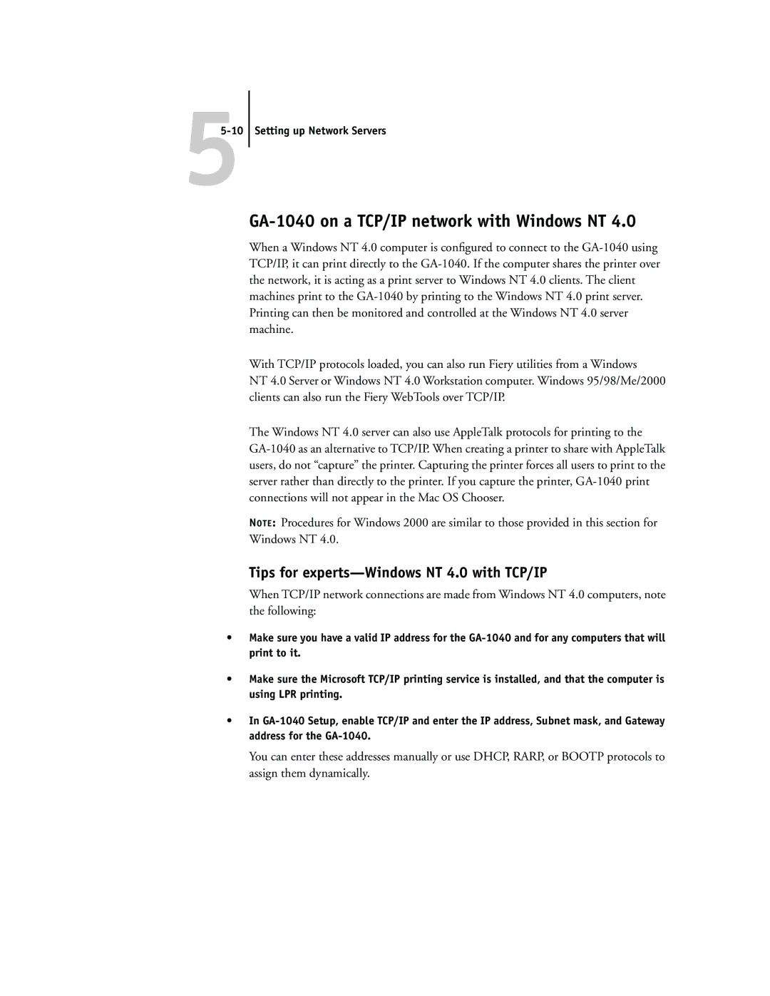 Toshiba manual GA-1040 on a TCP/IP network with Windows NT, Tips for experts-Windows NT 4.0 with TCP/IP 