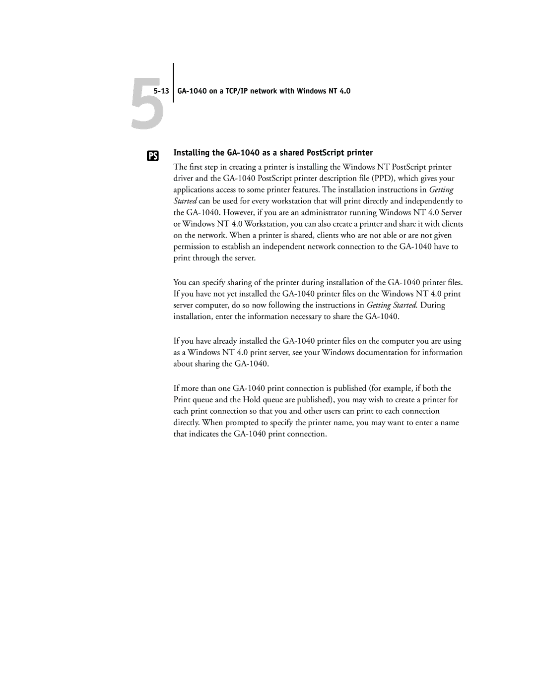 Toshiba manual Installing the GA-1040 as a shared PostScript printer, 55-13 GA-1040 on a TCP/IP network with Windows NT 