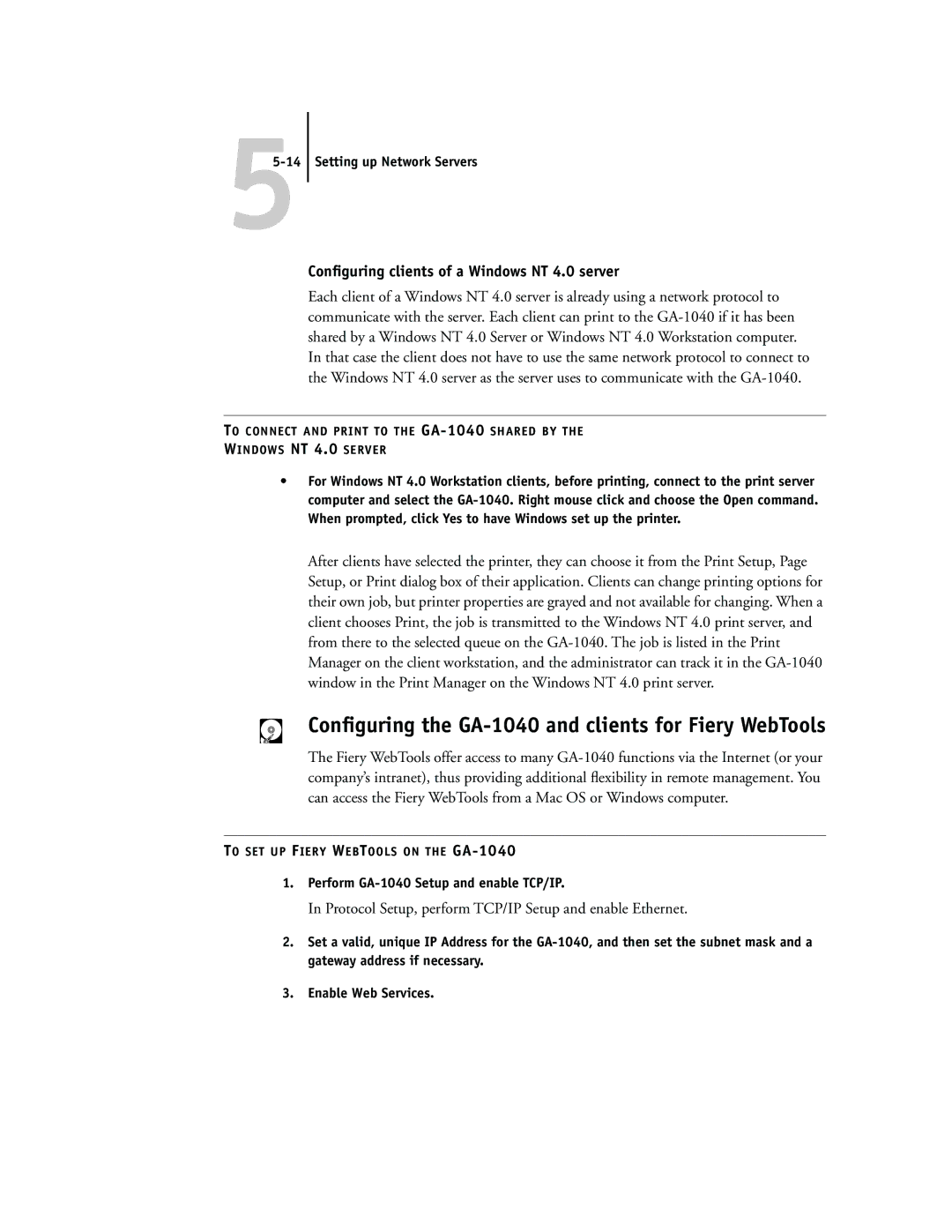 Toshiba manual Conﬁguring the GA-1040 and clients for Fiery WebTools, Conﬁguring clients of a Windows NT 4.0 server 