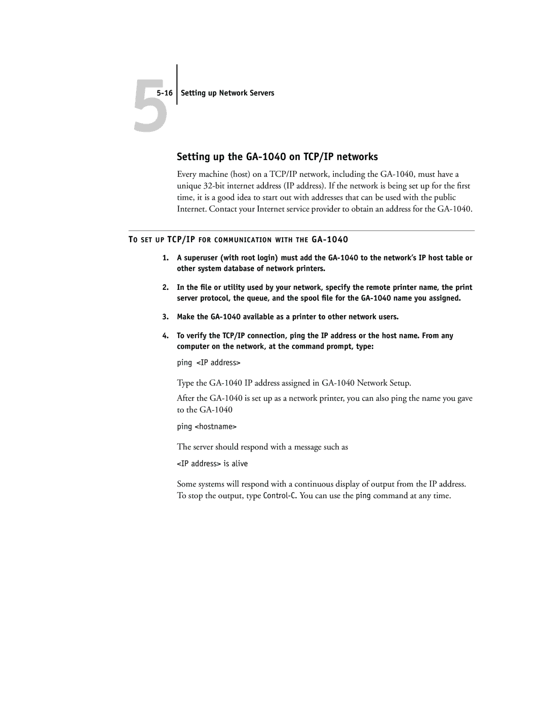 Toshiba manual Setting up the GA-1040 on TCP/IP networks, Server should respond with a message such as 